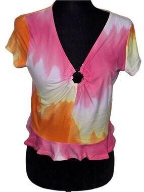 Love By Design Pink Orange Yellow Tie-Dye V‑Neck Ring Crop Top